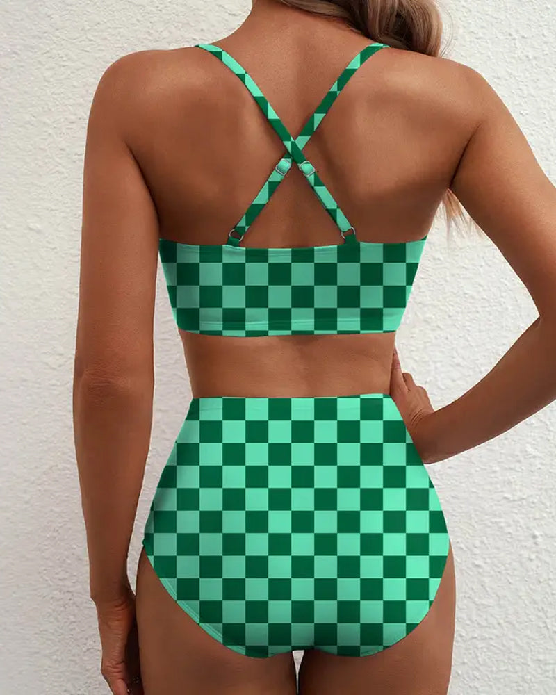 Costume da bagno bikini da donna con scollo a V, fantasia floreale, vita alta e effetto tummy control