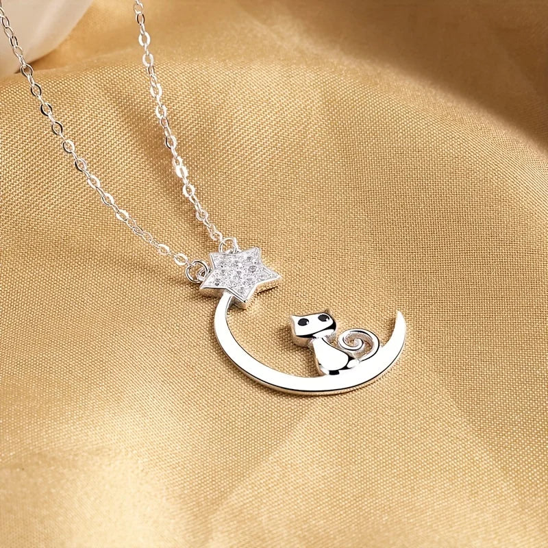 Collier silhouette de chat et étoiles en argent sterling