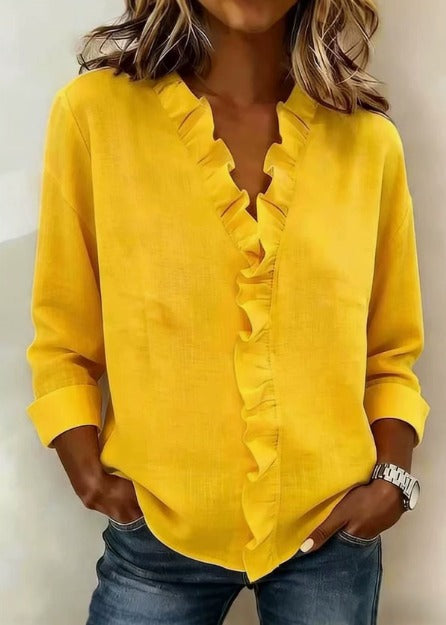 Rynket bluse med V-hals
