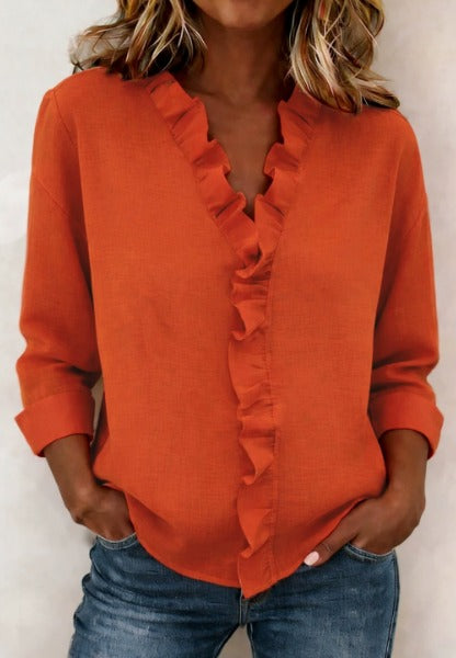 Rynket bluse med V-hals