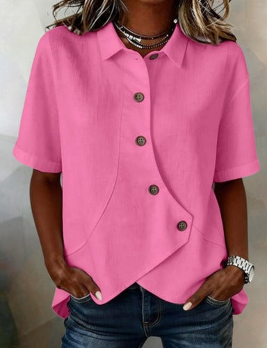 Asymmetrisk bluse i bomull og lin med knapper