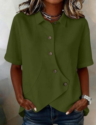 Asymmetrisk bluse i bomull og lin med knapper