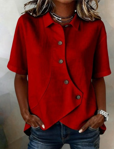 Asymmetrisk bluse i bomull og lin med knapper