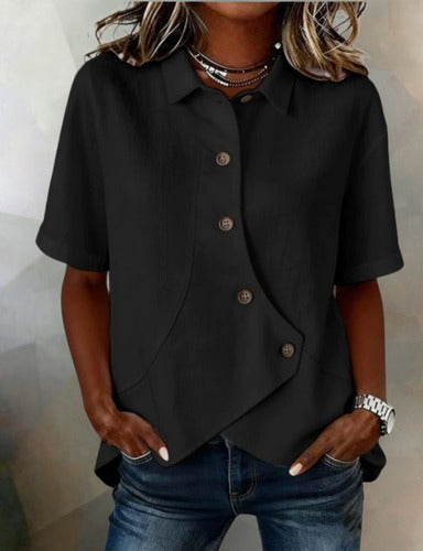 Asymmetrisk bluse i bomull og lin med knapper
