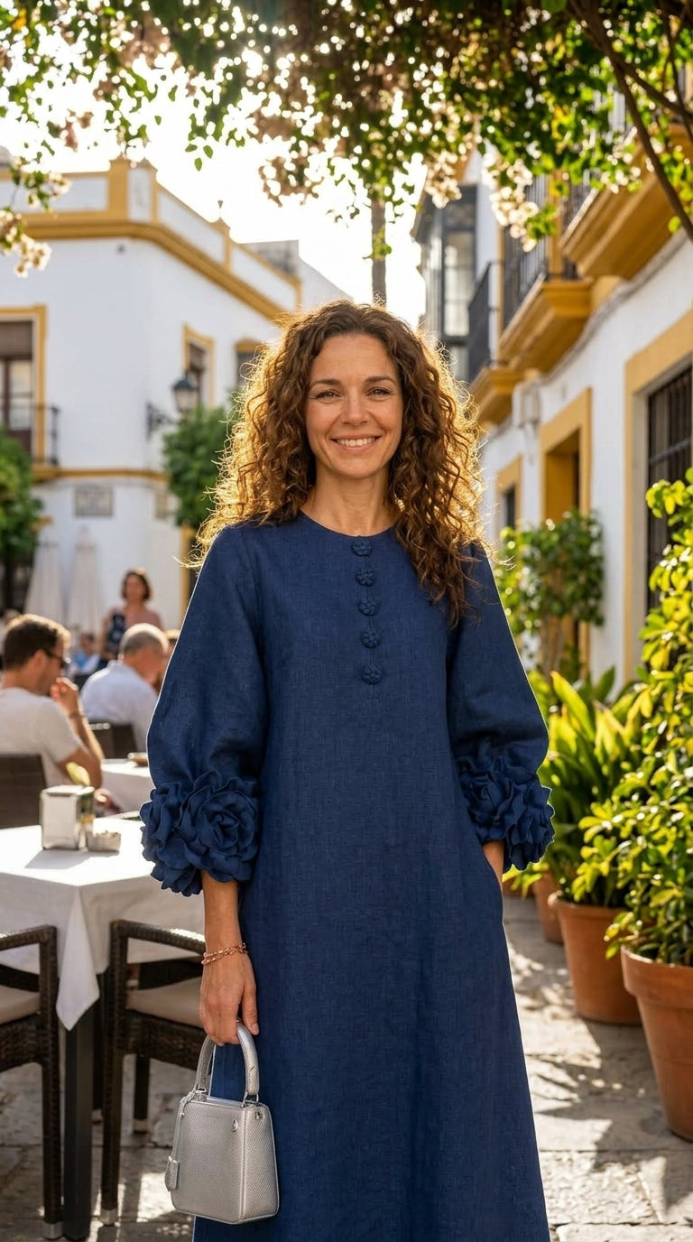 Vestit d’estil francès amb flors i mànigues bufonades