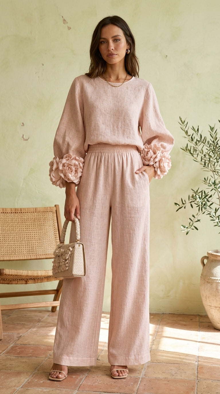Ensemble composé d’un haut à poignets fleuris et d’un pantalon à jambes larges
