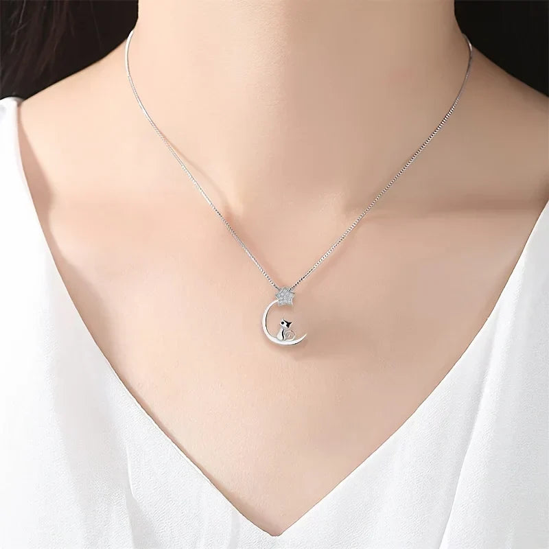 Collier silhouette de chat et étoiles en argent sterling