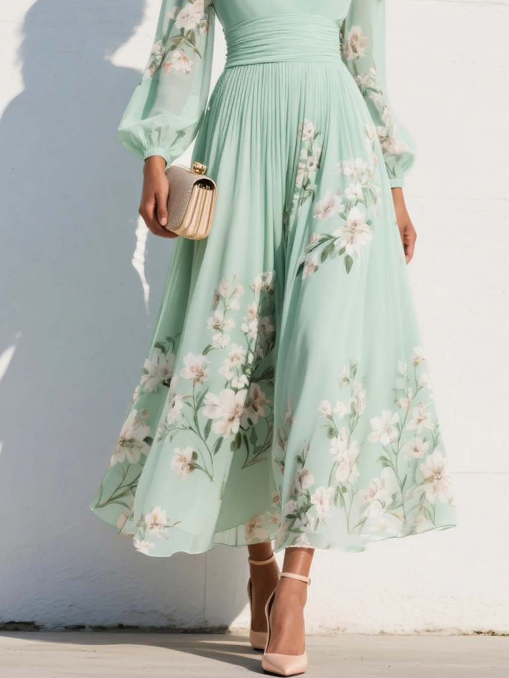 Robe midi vert clair à fleurs