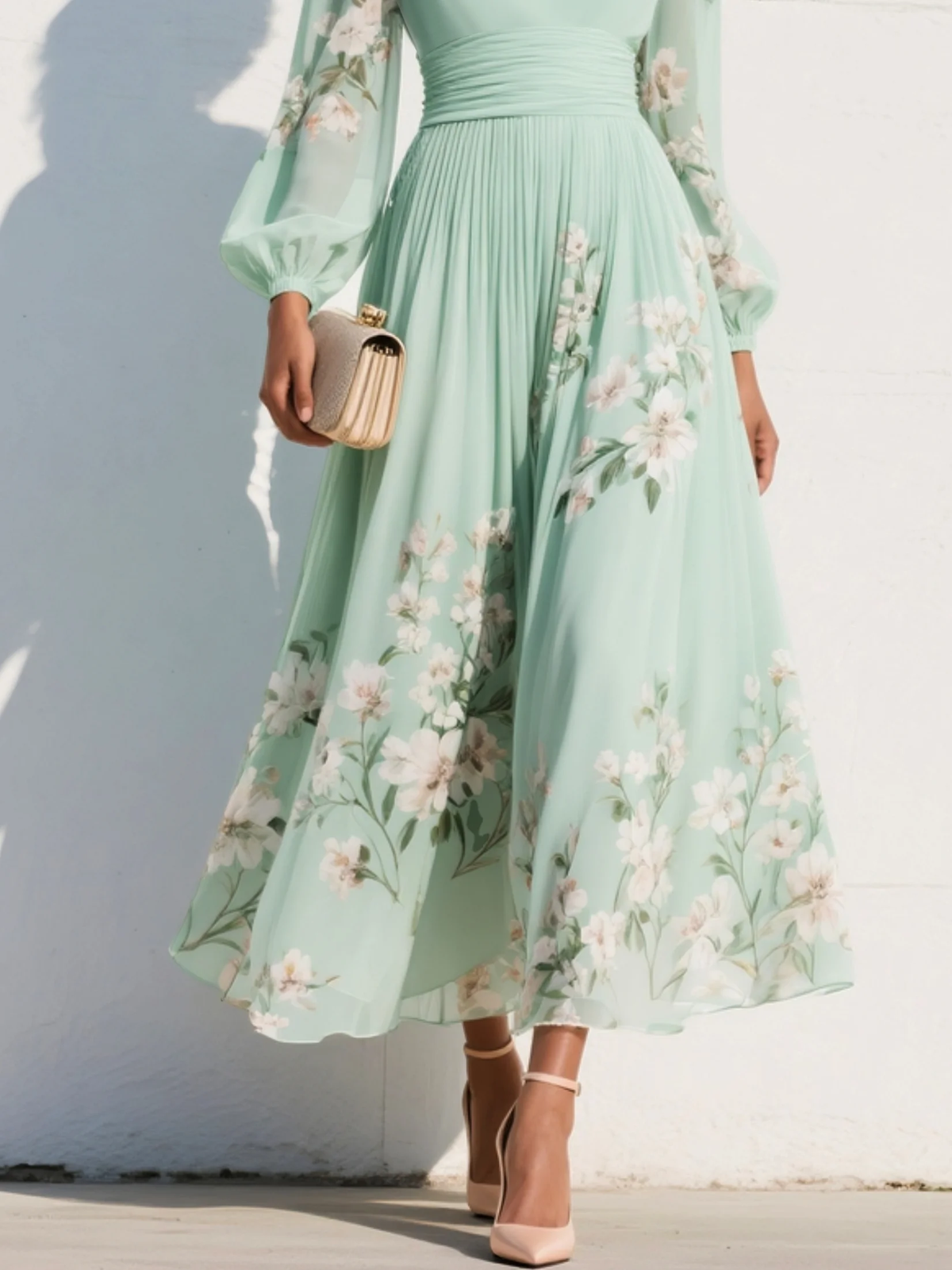 Robe midi vert clair à fleurs