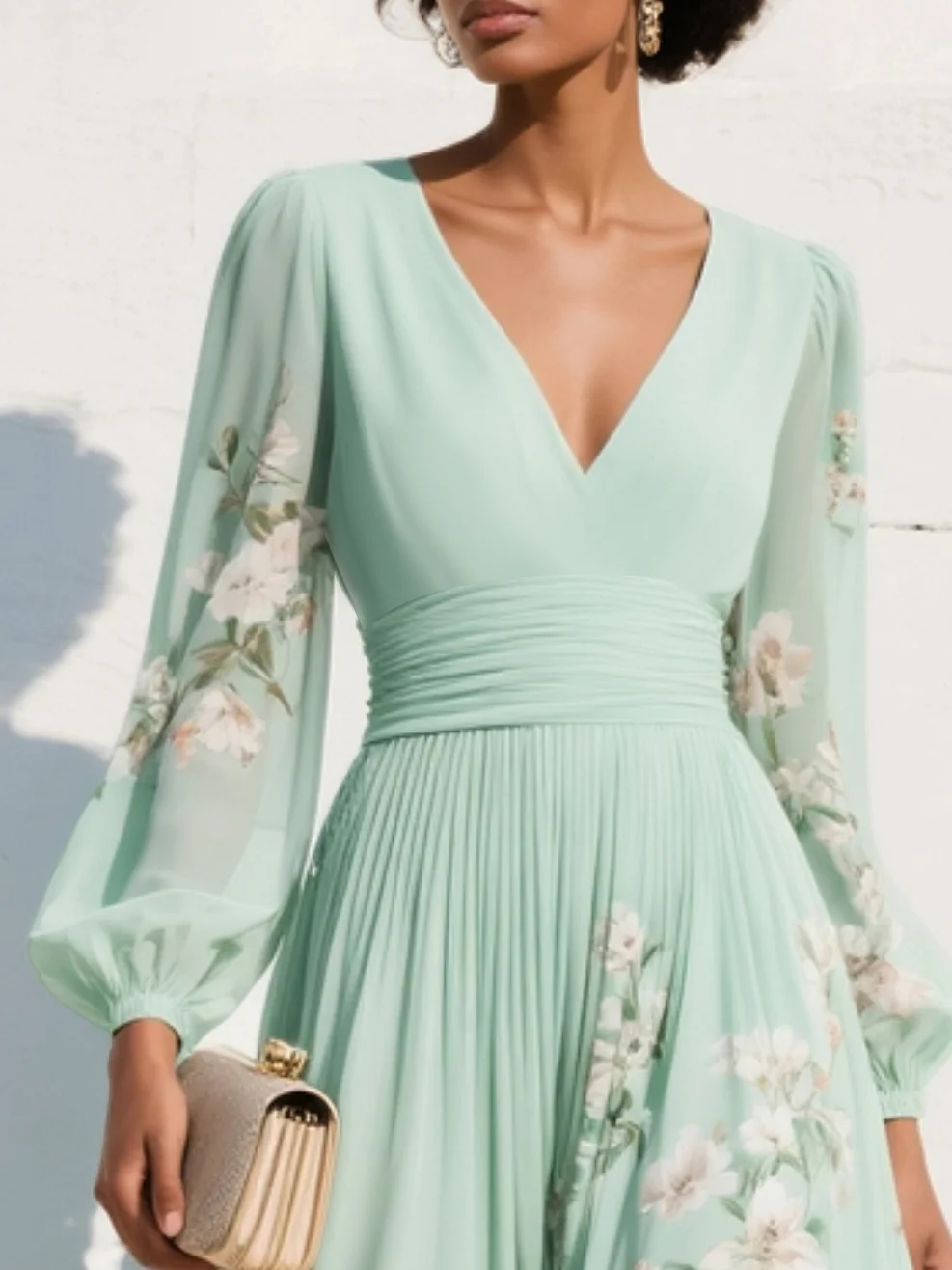 Robe midi vert clair à fleurs