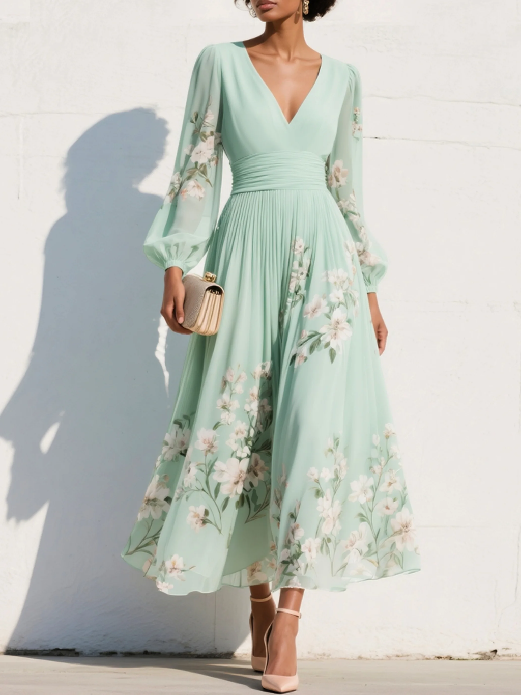 Robe midi vert clair à fleurs