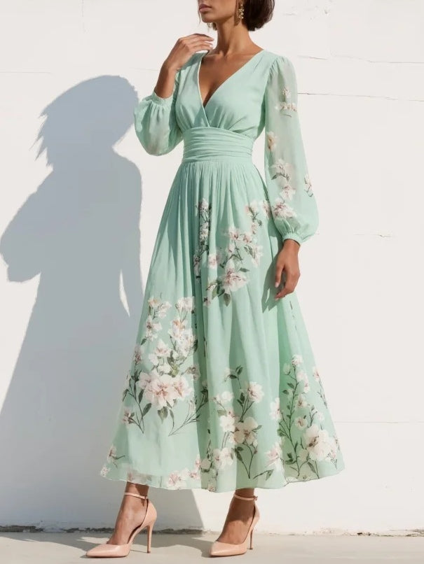 Robe midi vert clair à fleurs