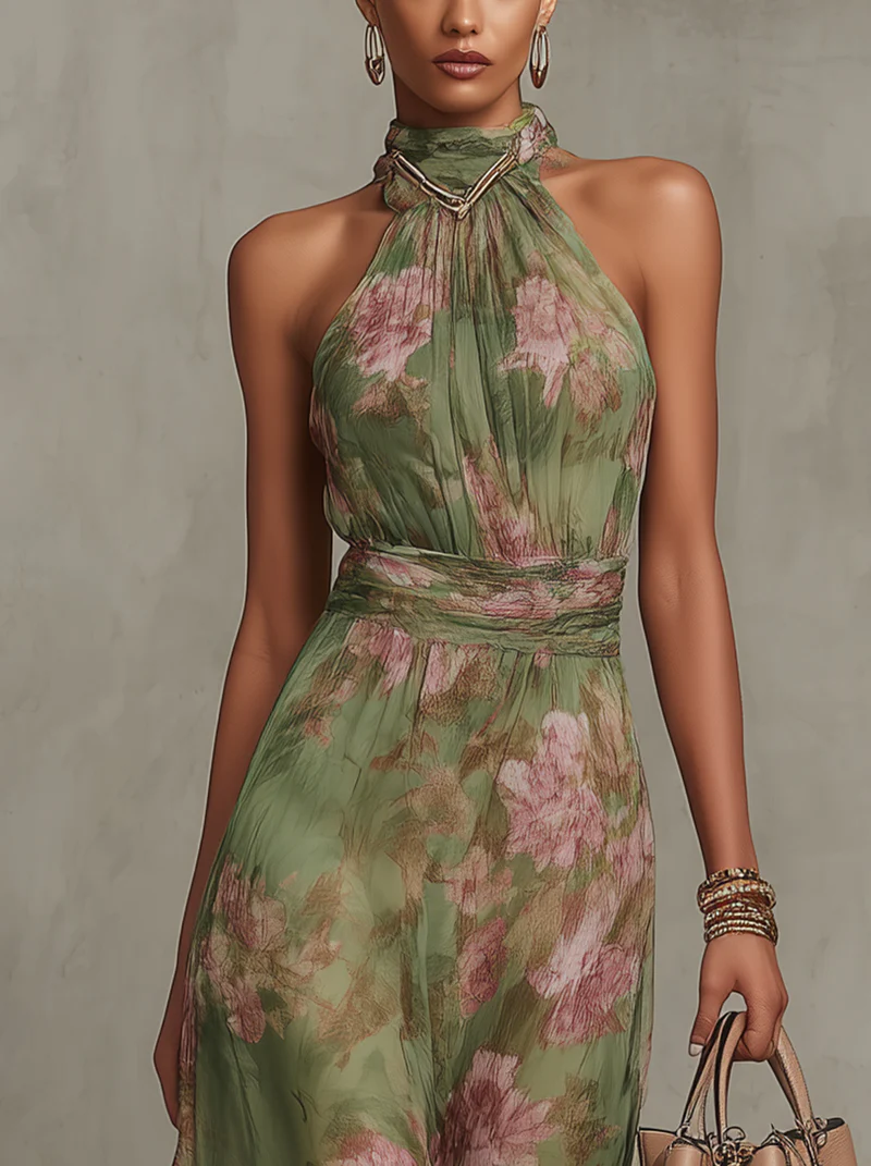Vestit llarg elegant de florets amb coll halter