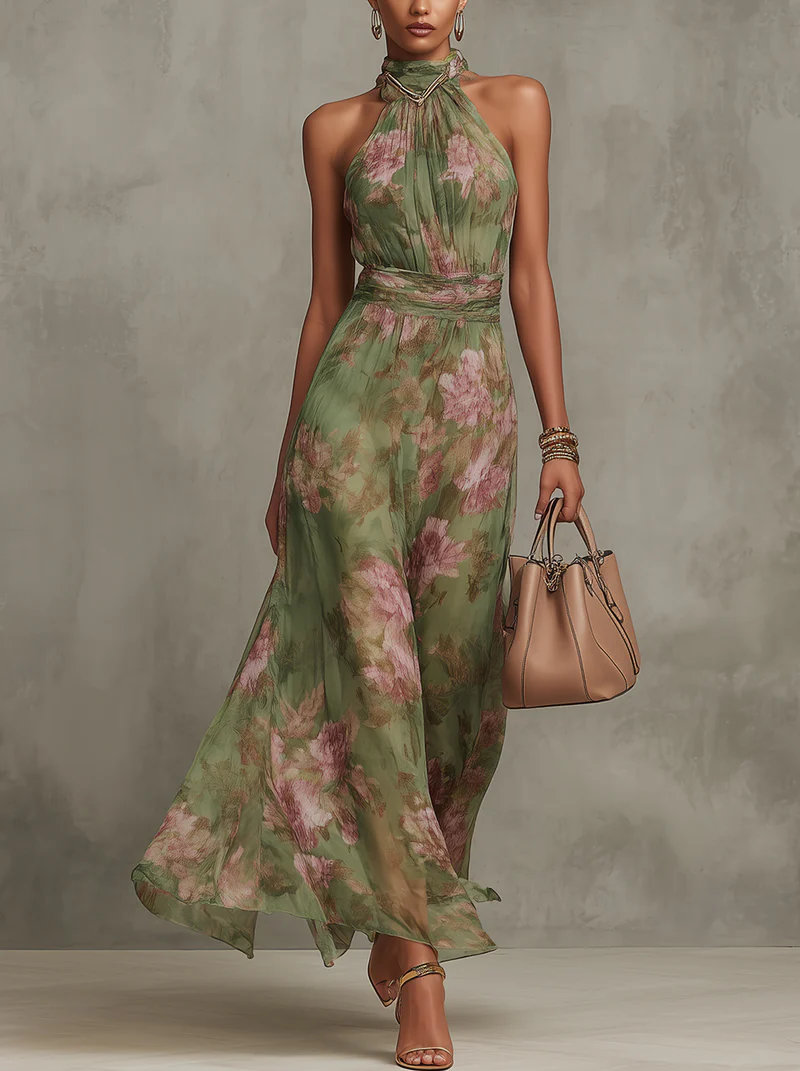 Vestit llarg elegant de florets amb coll halter