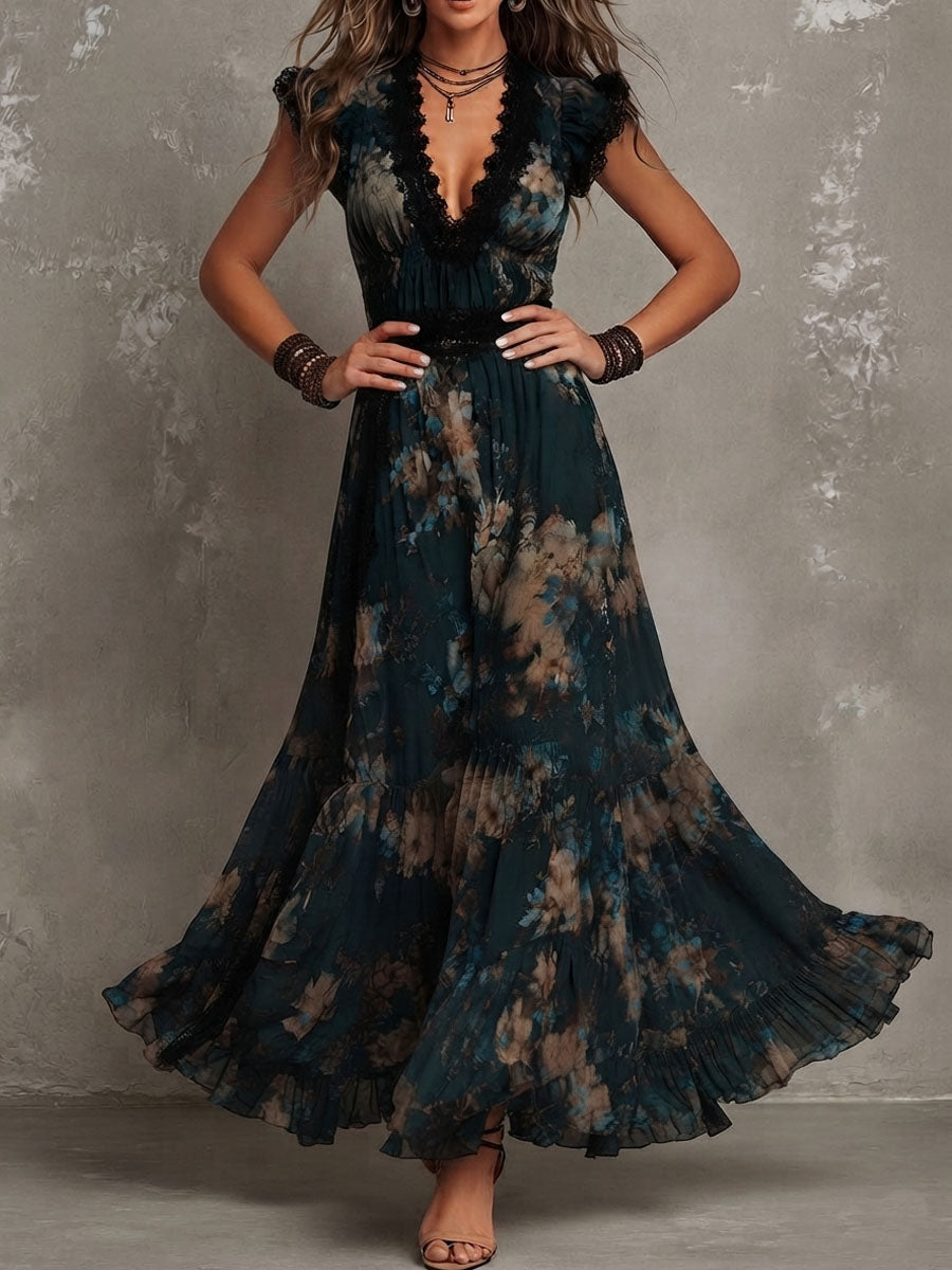 Robe longue en mousseline vert foncé avec dentelle florale