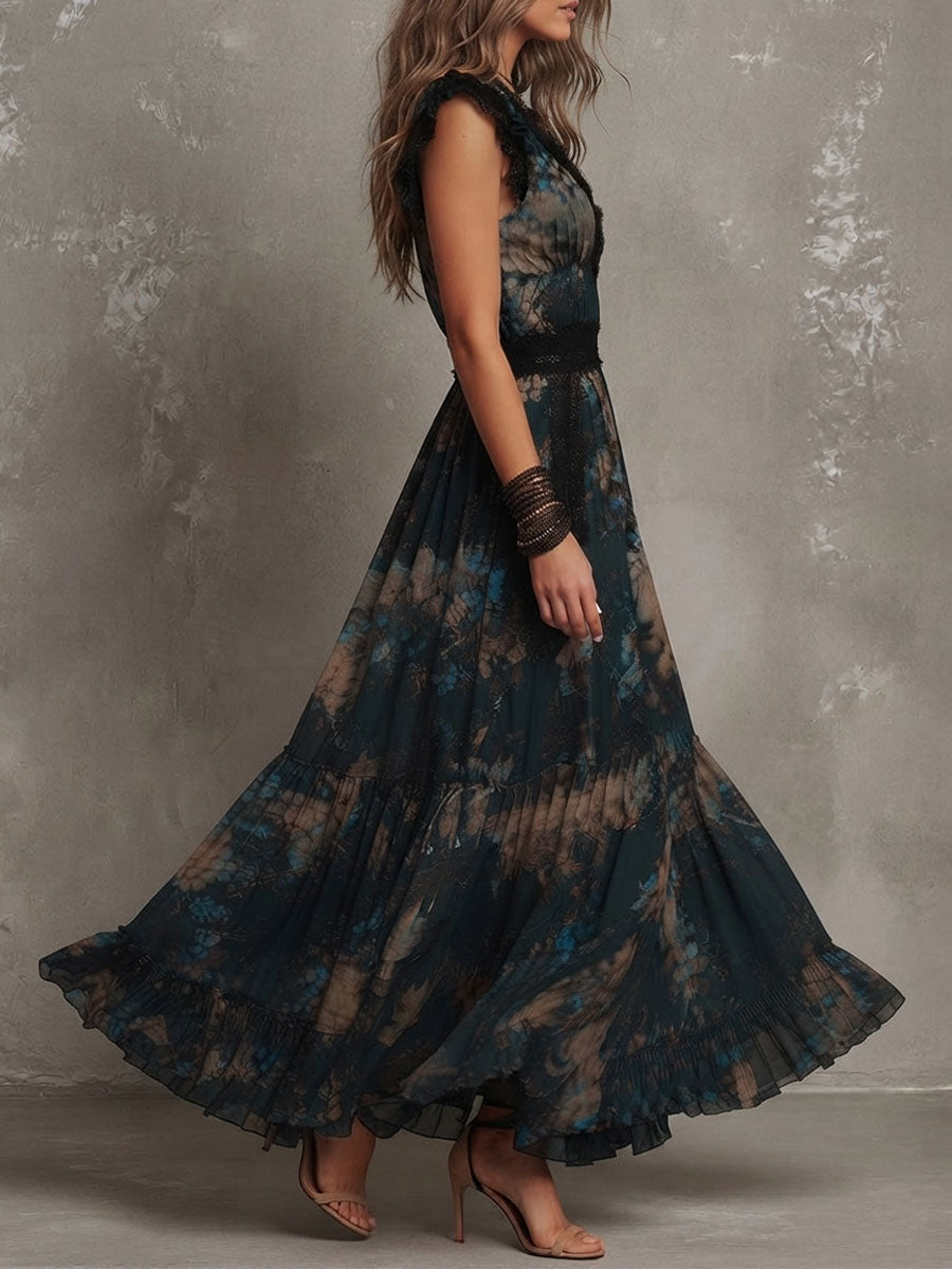 Robe longue en mousseline vert foncé avec dentelle florale