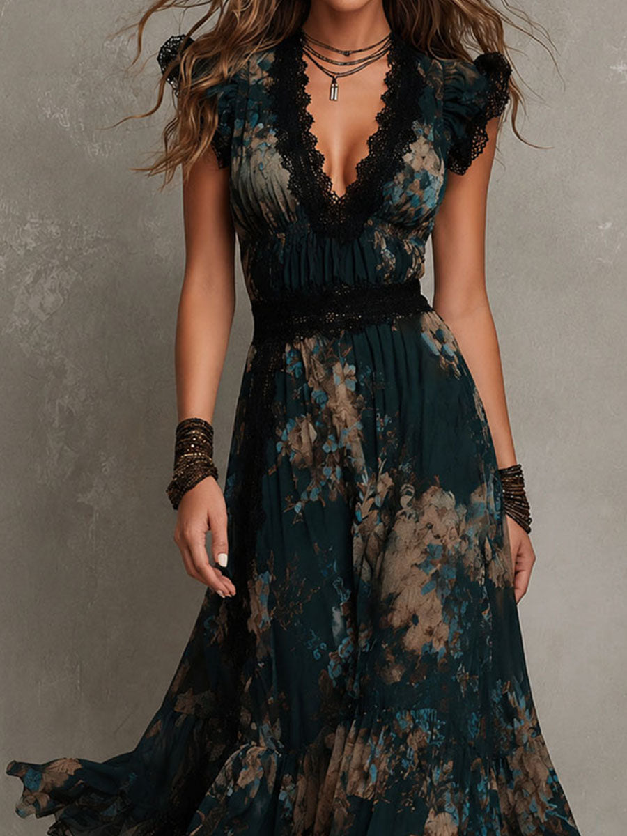Robe longue en mousseline vert foncé avec dentelle florale