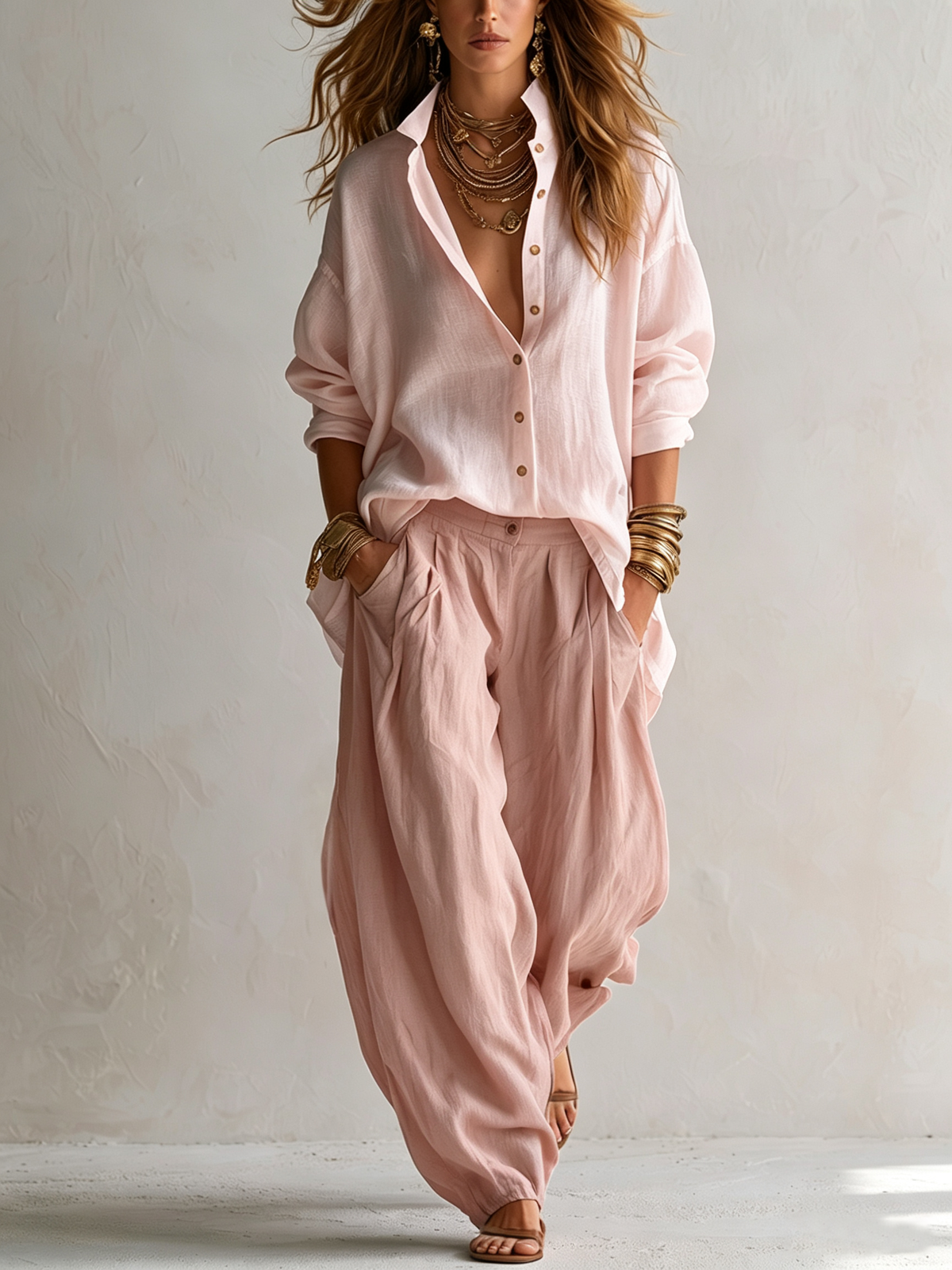 Conjunt de camisa blanca ample i pantalons globus verds oliva