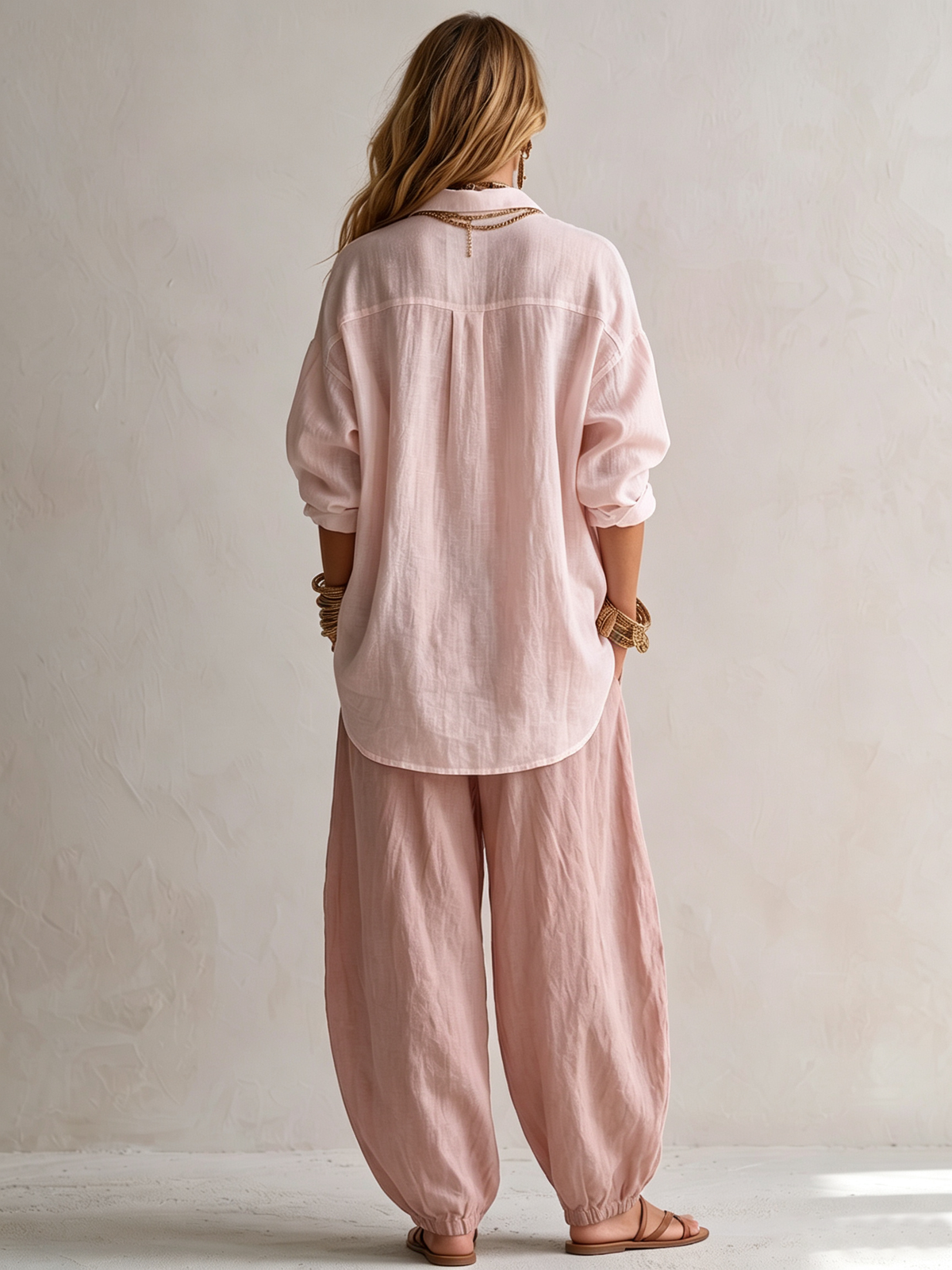 Completo con camicia bianca ampia e pantaloni a zampa verde oliva