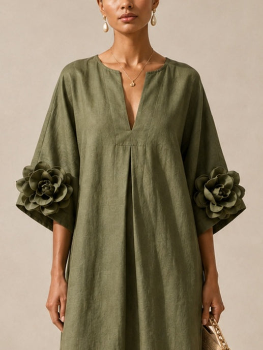 Vestito midi verde oliva con scollo a V e maniche con stampa floreale Livia