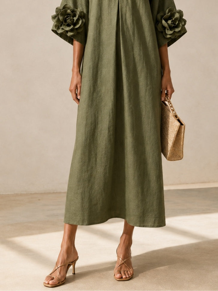 Vestito midi verde oliva con scollo a V e maniche con stampa floreale Livia
