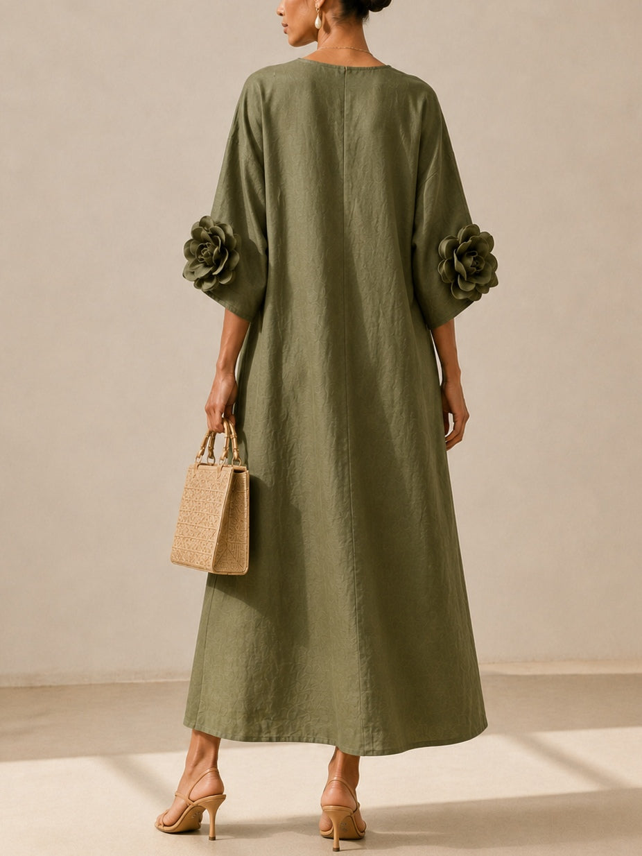 Vestito midi verde oliva con scollo a V e maniche con stampa floreale Livia