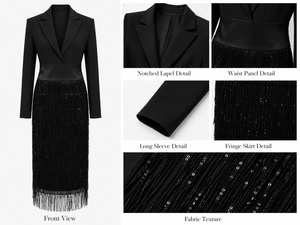 Abito midi nero tipo blazer con paillettes e frange