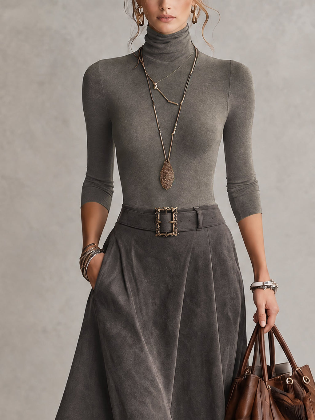 Ensemble composé d’un haut à col roulé et d’une jupe midi asymétrique en daim gris
