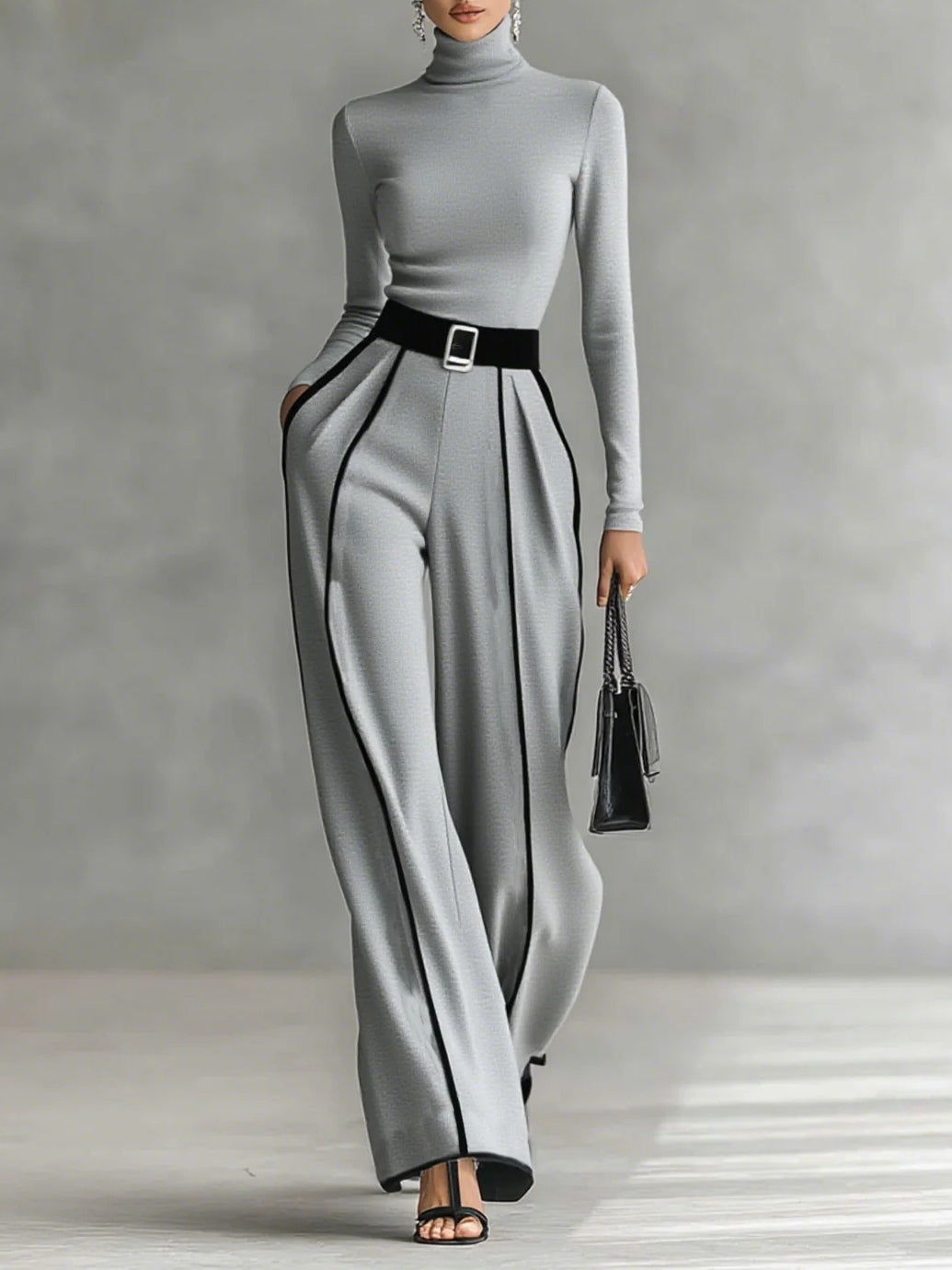 Conjunt de coll alt amb vores blanques i pantalons amples