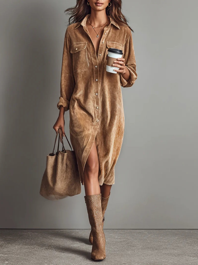 Vestido midi de pana con bolsillos y botonadura simple