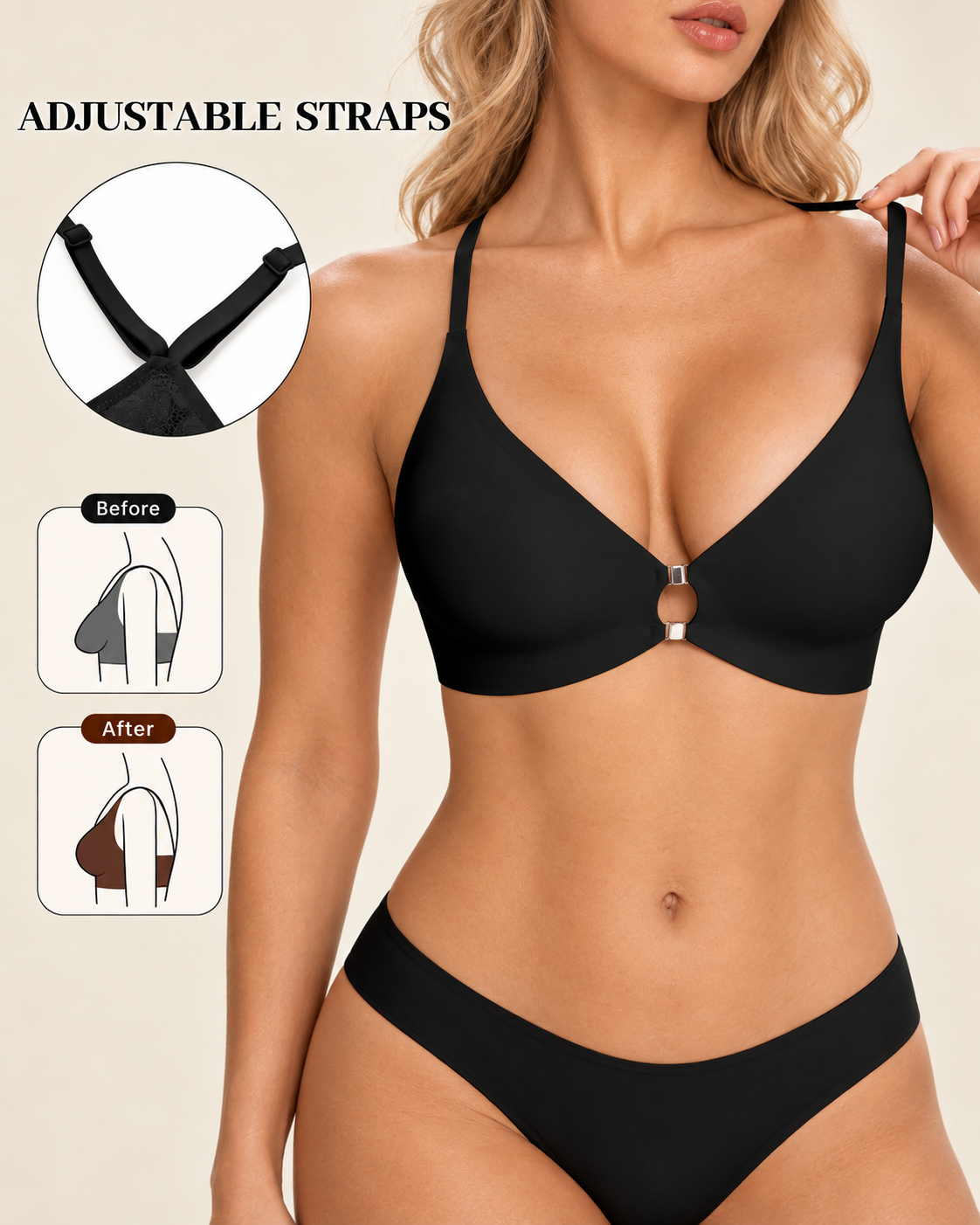 Soutien-gorge sans armatures en gelée à fermeture frontale en V profond et dos en dentelle