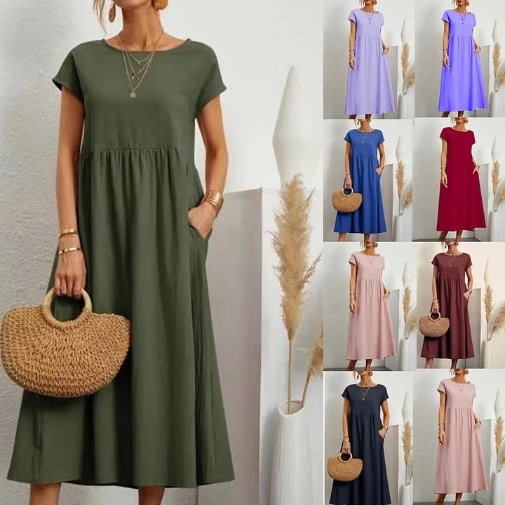 Vestit ample sense mànigues de cotó, de color sòlid, amb butxaca