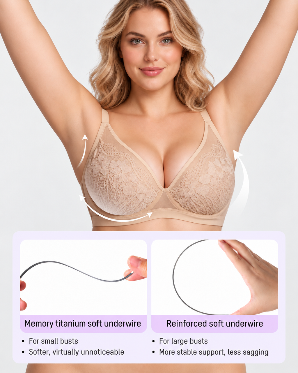 Reggiseno contenitivo da donna con pizzo floreale e scollo a V profondo