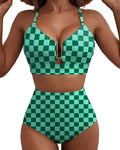 Costume da bagno bikini da donna con scollo a V, fantasia floreale, vita alta e effetto tummy control