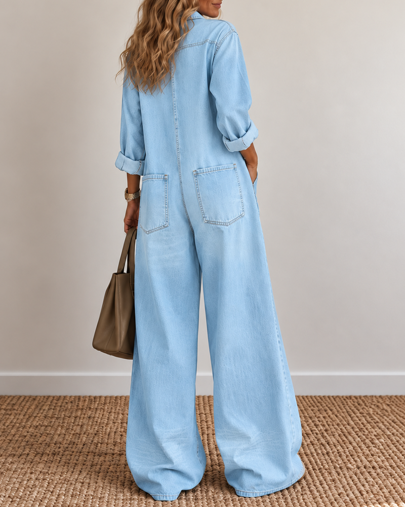 Tuta in denim a camicia abbottonata con gambe larghe