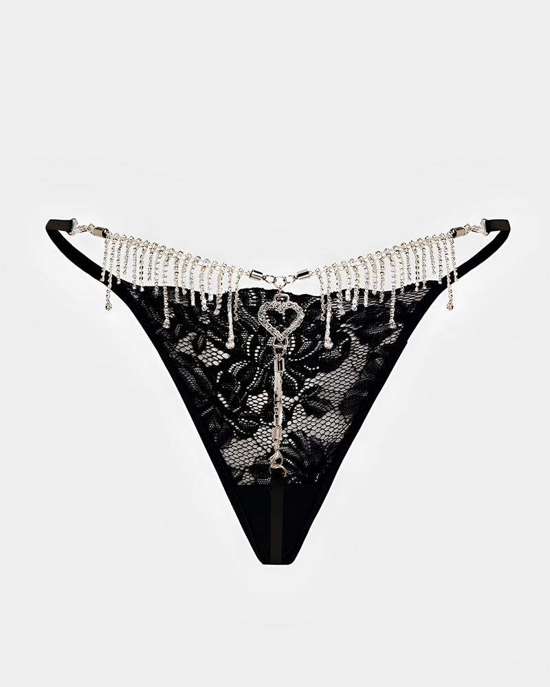 String sexy transparent en dentelle à franges de strass et cœur