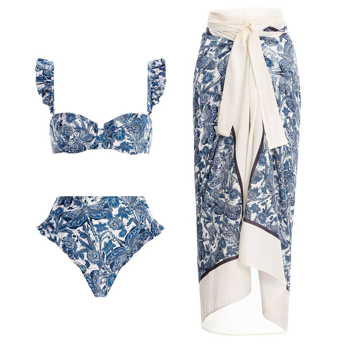 Badedrakt og sarong med blått vannliljemotiv