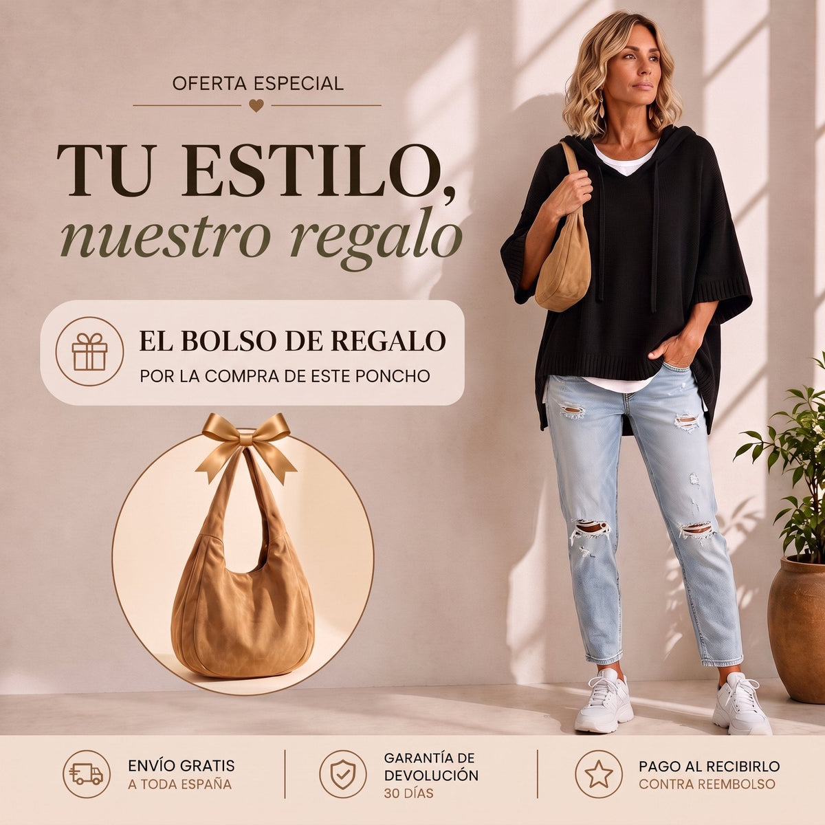 Poncho con capucha y mangas 3/4
