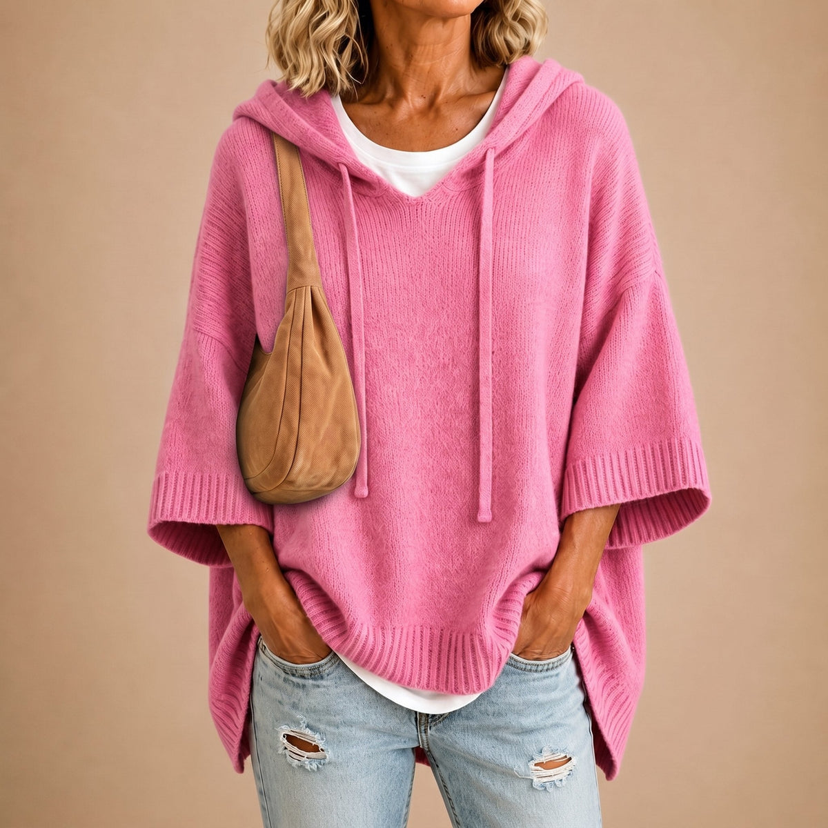 Poncho con cappuccio e maniche a 3/4