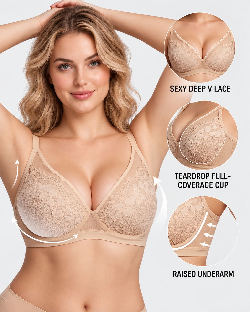Reggiseno contenitivo da donna con pizzo floreale e scollo a V profondo