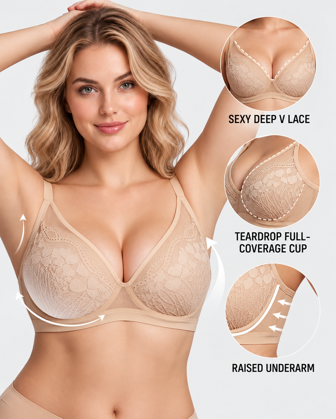 Reggiseno contenitivo da donna con pizzo floreale e scollo a V profondo