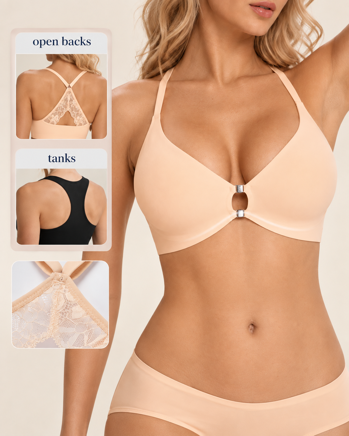 Soutien-gorge sans armatures en gelée à fermeture frontale en V profond et dos en dentelle