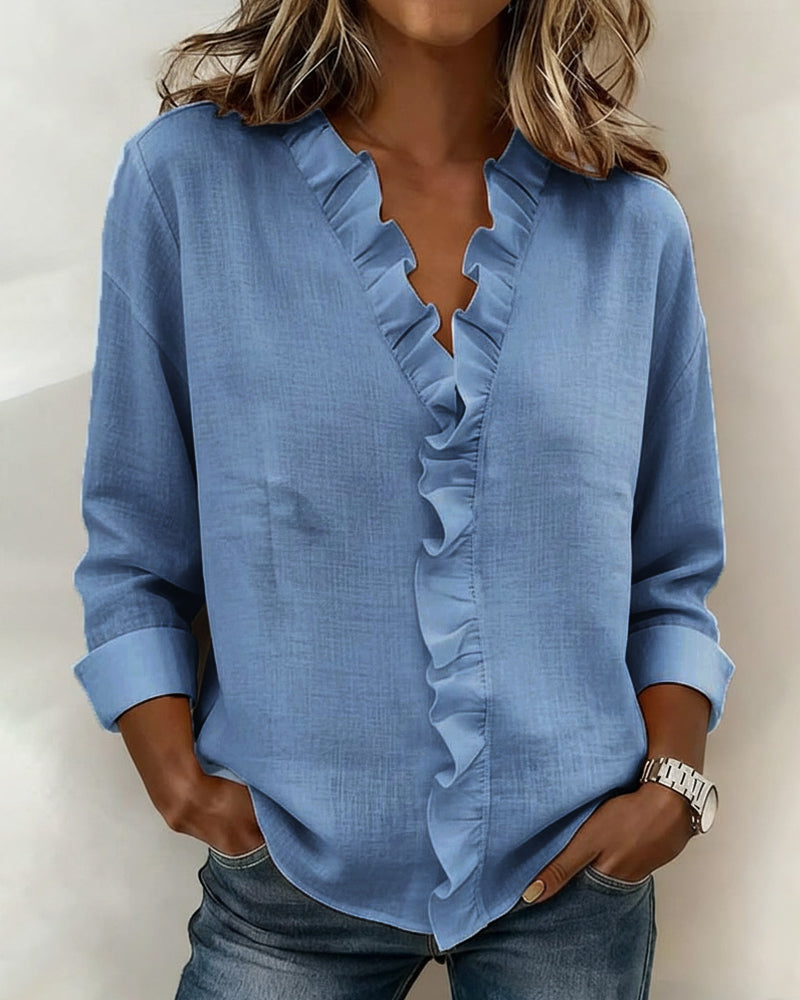 Rynket bluse med V-hals