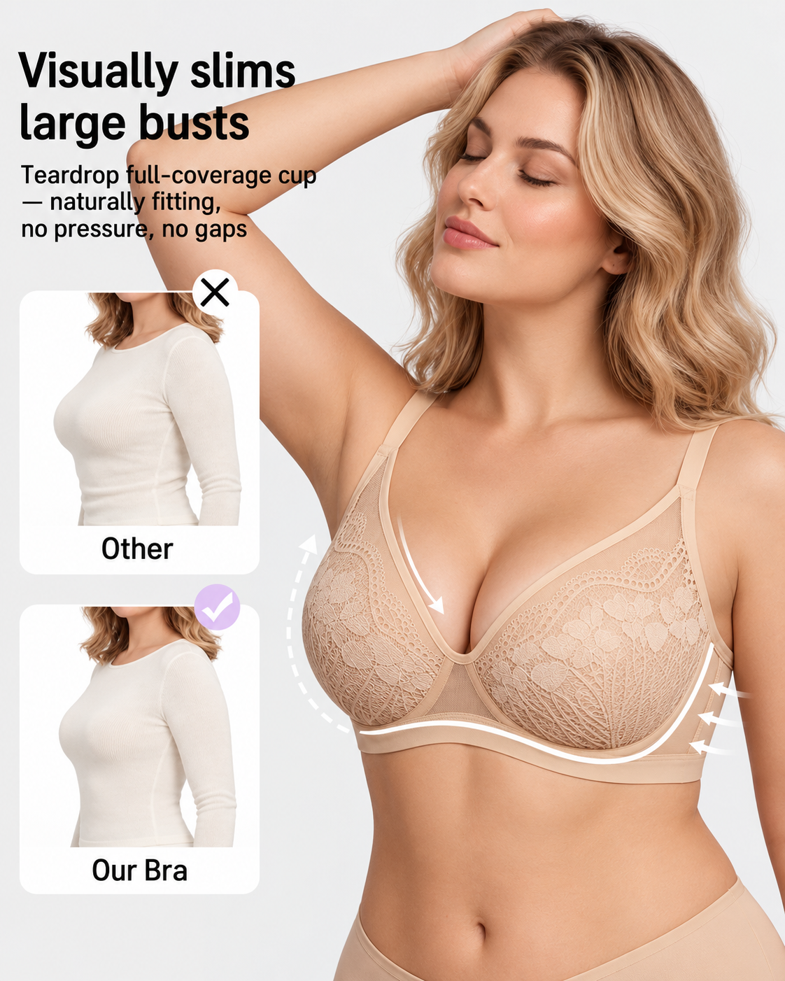 Reggiseno contenitivo da donna con pizzo floreale e scollo a V profondo