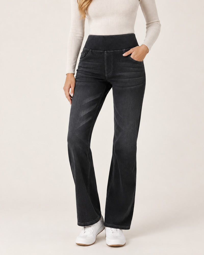 Bootcut-jeans i vasket denim med høyt liv