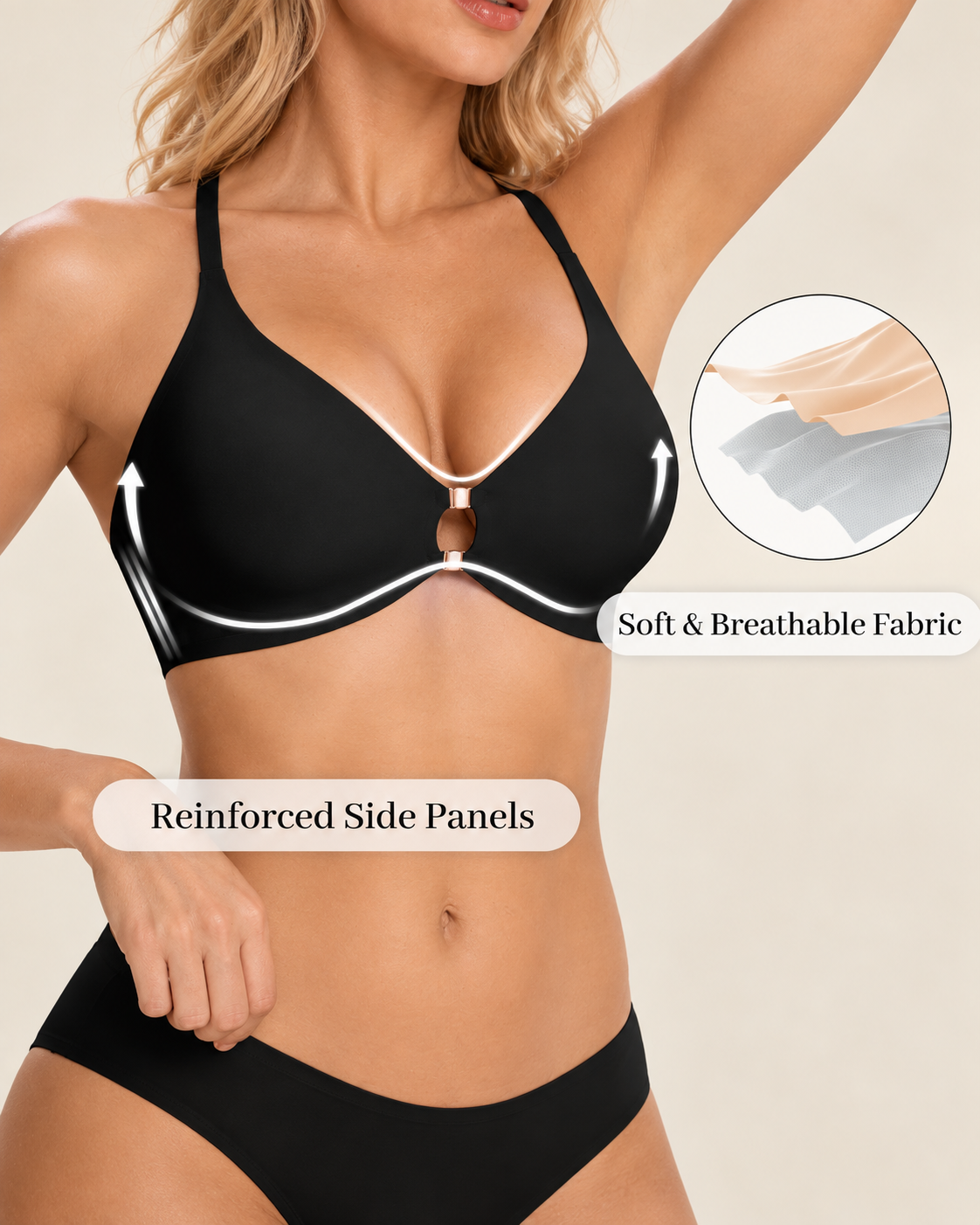 Soutien-gorge sans armatures en gelée à fermeture frontale en V profond et dos en dentelle