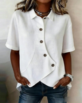 Blusa asimmetrica in cotone e lino con bottoni