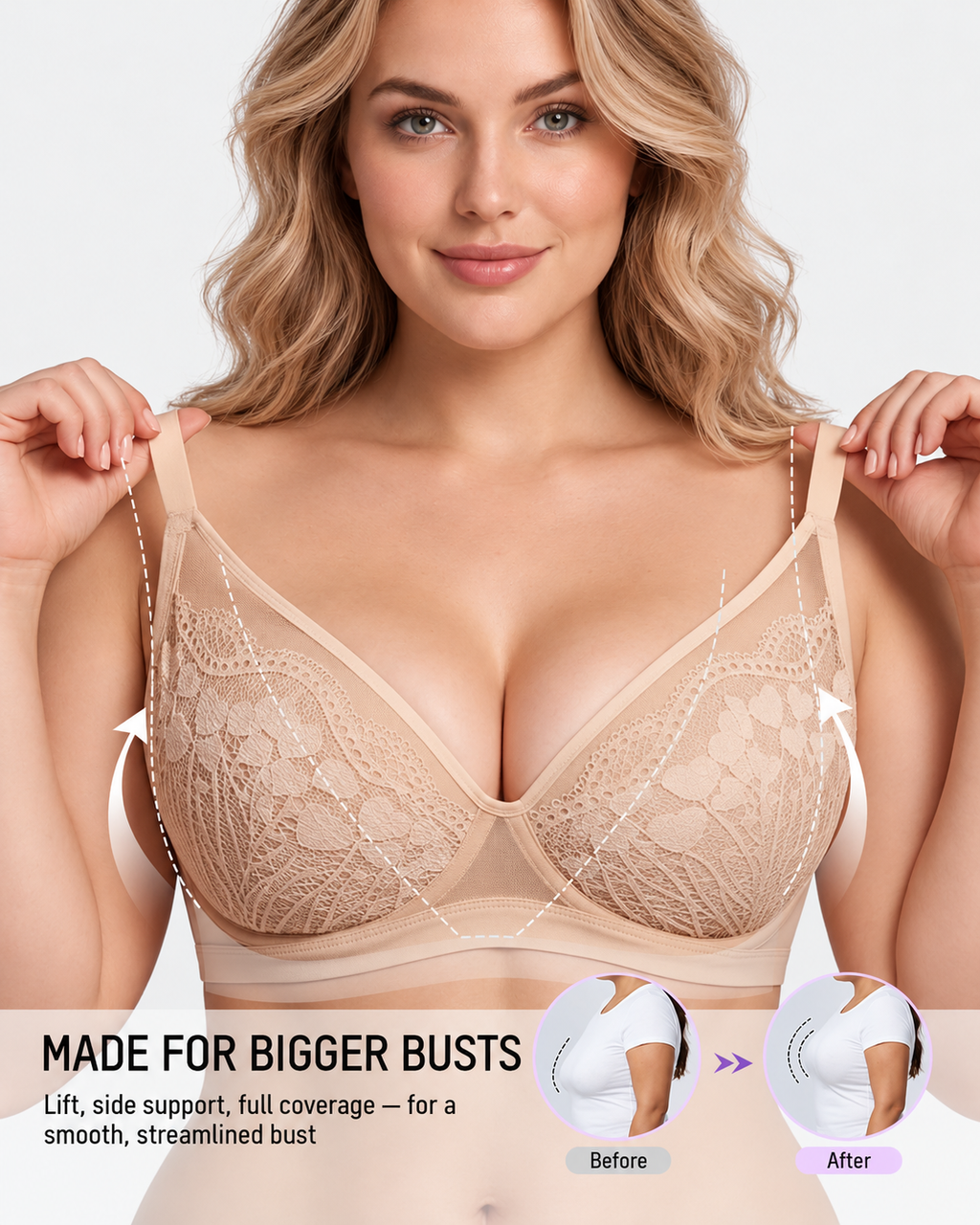 Reggiseno contenitivo da donna con pizzo floreale e scollo a V profondo