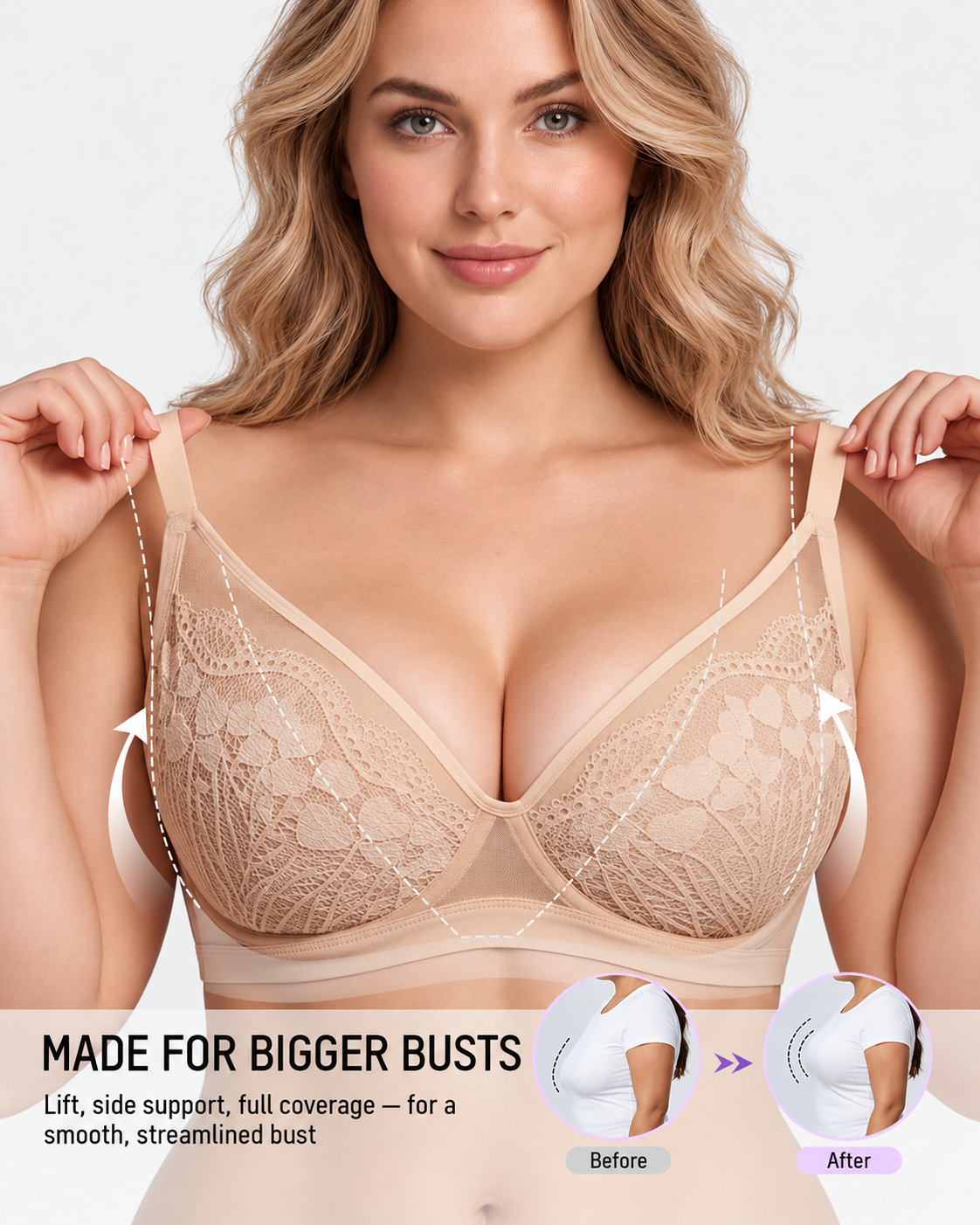 Reggiseno contenitivo da donna con pizzo floreale e scollo a V profondo