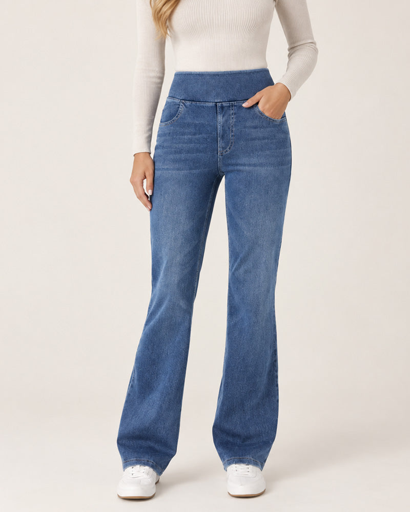 Bootcut-jeans i vasket denim med høyt liv